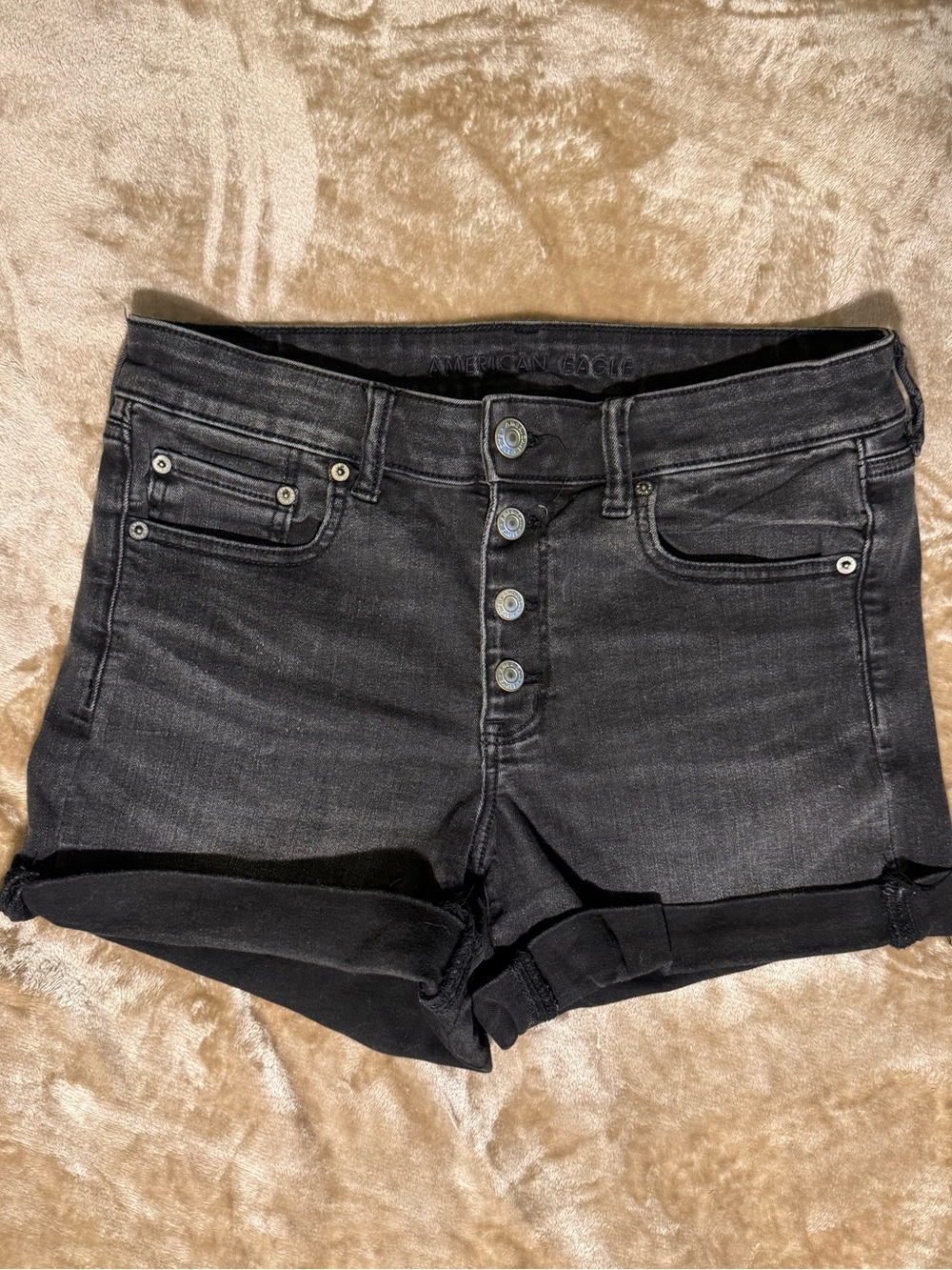 American Eagle Outfitters Black High-Rise Button-Fly Denim Cutoff Shorts